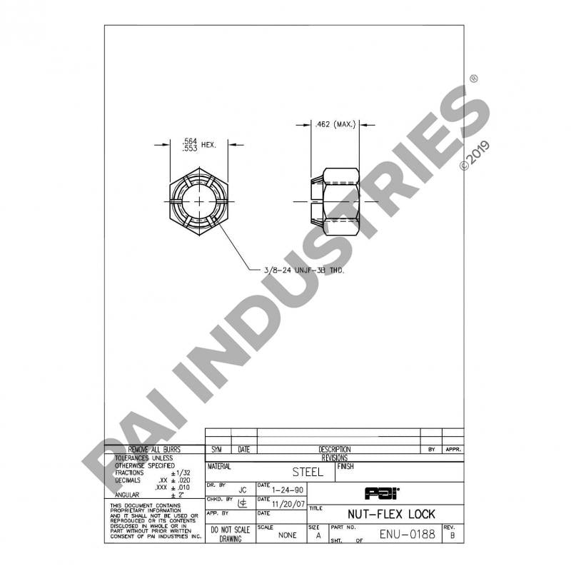 PACK OF 5 PAI ENU-0188 MACK 21AX852 FLEX LOCK NUT (3/8"-24) (25087854) (USA)