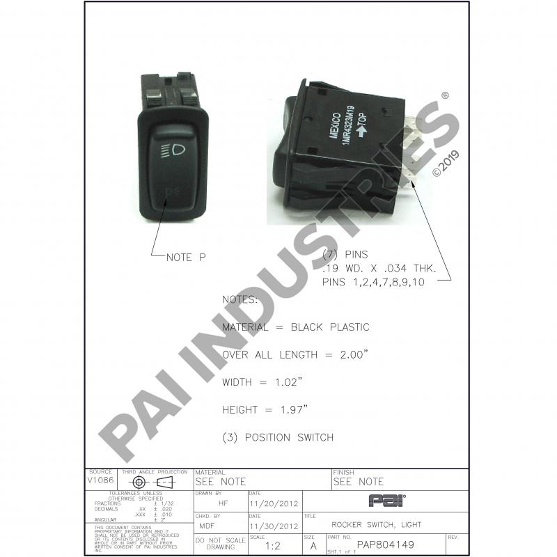 PAI 804149 MACK 1MR4323M19 HEADLIGHT SWITCH (3 POSITION) (7 TERMINAL)