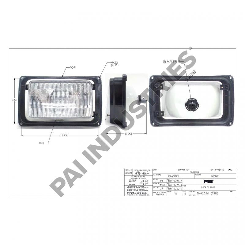 PAI EM42390 MACK 2MO516CM HEADLAMP (EARLY CH / RB / RD) (12V) (HALOGEN)