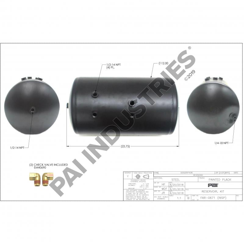 PAI FAR-0671 MACK 22QE41261M AIR RESERVOIR (12.00" DIA X 22-3/4" L) (USA)