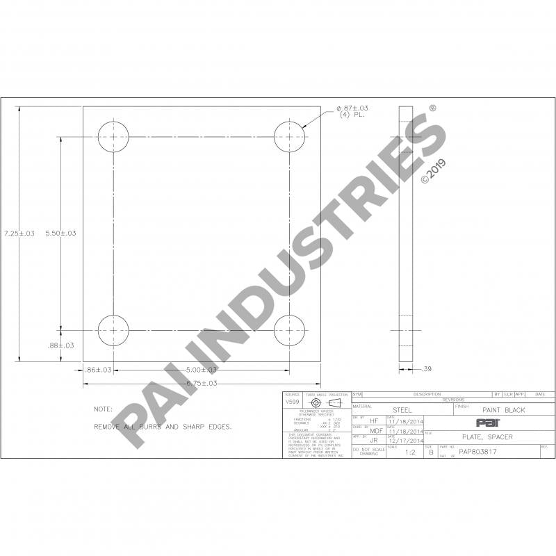 PAI 803817 MACK 98QL24M3 TRUNNION BRACKET SPACER PLATE SHIM (0.390 IN)